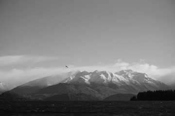 mountain, landscape, sky, clouds, snow, mountains, cloud, nature, volcano, blue, sunset, fog, scenery, view, travel, peak, beautiful, panorama, white, high, water