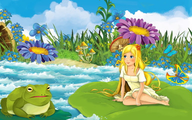 Obraz na płótnie Canvas cartoon girl in the forest sailing in the river on the leaf with a wild frog toad