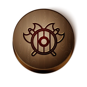 recommend clip art: Brown line Medieval shield with crossed axes icon isolated on white background. Battle axe, executioner axe. Wooden circle button. Vector Illustration