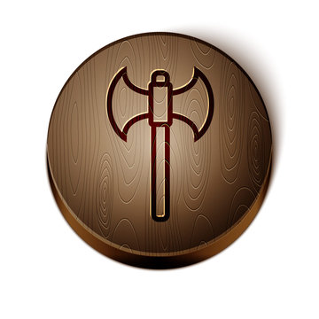 recommend clip art: Brown line Medieval axe icon isolated on white background. Battle axe, executioner axe. Wooden circle button. Vector Illustration