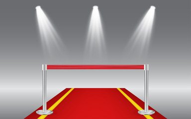 Red carpet vip entrance restriction, metallic poles with red ribbon to forbid passage, isolated on white realistic vector. Museum exhibition, posh event, entertainment walk way marks, exclusive access