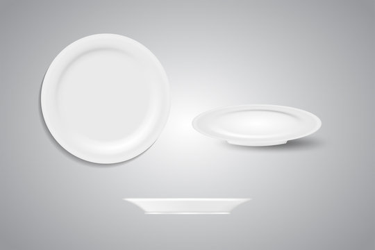 White Three Dimensional Vector Plate For Dining Mock Ups, Food Event Banner, Poster, Serving Meal Illustration. Cooking Or Degustation Symbol. Kitchen Porcelain,  Dishware. Empty Angles For Branding.