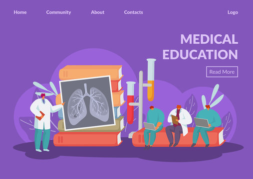 Medical education training for doctors vector illustration website internet page banner. Lecturer teaches people students interns of lung disease. Huge textbooks, test tubes.