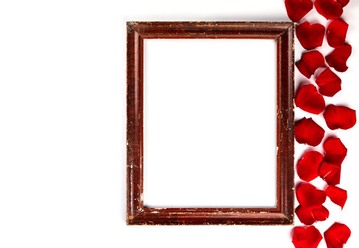 Flowers composition. Photo frame, Red petals on white background.