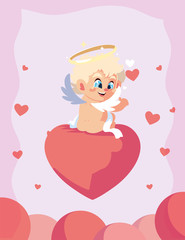 Happy valentines blond cupid cartoon over heart vector design