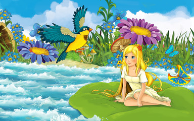 Obraz na płótnie Canvas cartoon girl in the forest sailing in the river on the leaf with a wild bird illustration