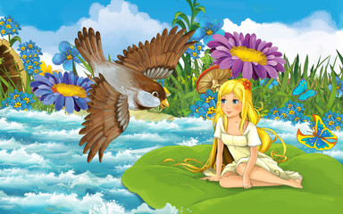 cartoon girl in the forest sailing in the river on the leaf with a wild bird illustration