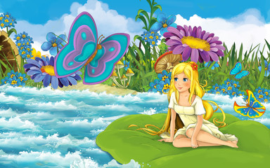 Obraz na płótnie Canvas cartoon girl in the forest sailing in the river on the leaf with a beautiful butterfly illustration