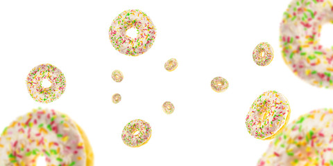 Flying background. Falling chocolate donuts isolated on white. Glazed sprinkles.