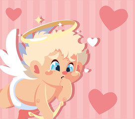 Happy valentines blond cupid cartoon and hearts vector design