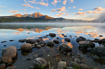 Overview of beautiful sunrise at Edith Lake, Jasper National Park, Alberta, 