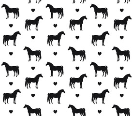 Vector equestrian seamless pattern of black horse silhouette and hearts isolated on white background