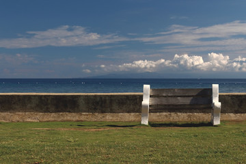 Minimalist seascape,seawall and concrete bench,conceptual background