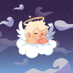 Happy valentines blond cupid cartoon over cloud vector design