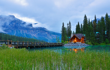 Overview of Emerald Lake after sunset, Yoho National Park, British Columbia, 