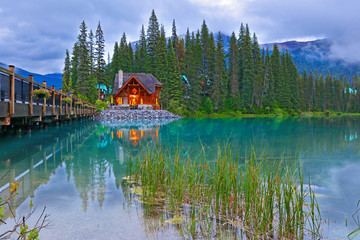 Overview of Emerald Lake after sunset, Yoho National Park, British Columbia, 