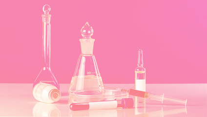 Syringe with a blood sample on the background of medical ampoules and laboratory glassware, pink abstract background. Virus epidemic, medical concept.