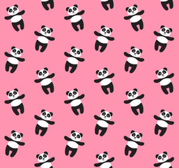 Vector seamless pattern of flat cartoon panda isolated on pink background