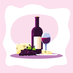 Wine bottle cheese grapes and cup vector design