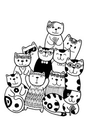 Black and white Hand draw vector, Cat Characters set style doodles illustration coloring for children vector. - 320939488