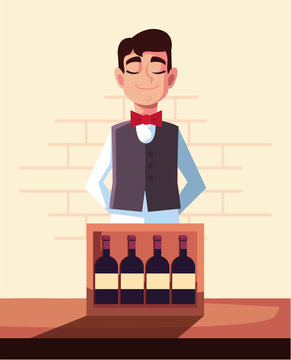 Waiter with wine bottles vector design