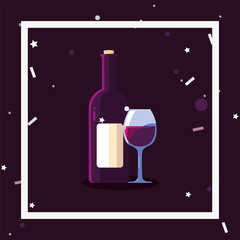 Wine bottle and cup inside frame vector design