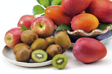 kiwi and honey peach on the white background