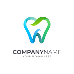 Green dental logo design, dentist clinic brand identity, tooth with leaf logo vector suitable for dental health, mouth and toothpaste products