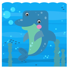 Cartoon underwater scene with swimming coral reef fish dolphin - illustration