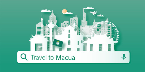 Macau Travel panorama postcard, poster, tour advertising of world famous landmarks in paper cut style. Vectors illustrations