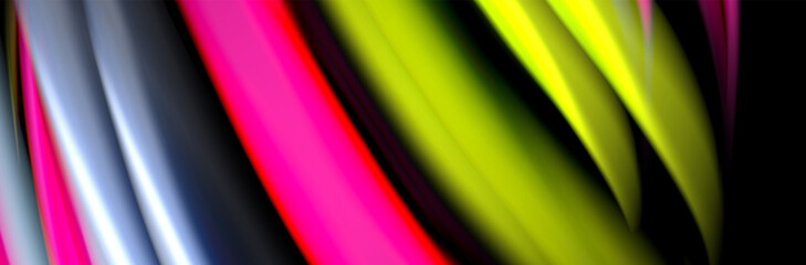 Silk and smooth flow wave poster design. Color waves, liquid style lines and shapes in black color background