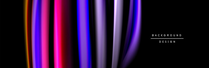 Silk and smooth flow wave poster design. Color waves, liquid style lines and shapes in black color background