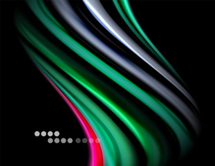 Silk smooth lines on black, liquid fluid color waves. Vector Illustration