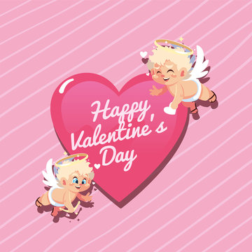 Happy valentines blond cupids cartoons with heart vector design