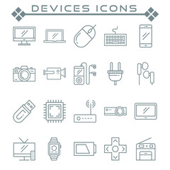 Set of Devices Related Vector Line Icons. Contains such as Icons as desktop, laptop, cellphone, mouse, keyboard and more