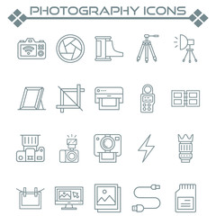 Set of Photography Related Vector Line Icons. Contains such as Icons as cameras, printers, photo albums, lenses, light boxes and more