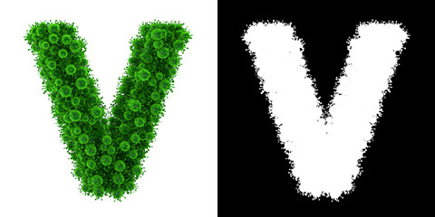Alphabet V made of Bacteria with alpha mask, alphabet V made of Virus with alpha mask, bacteria font, virus font, 3d alphabet