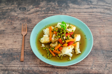 baked rice with mixed veggies and vegetable broth