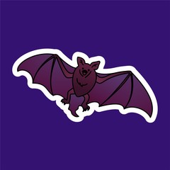 Sticker of Flying Bat Cartoon, Cute Funny Character, Flat Design