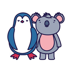cute penguin and koala cartoon on white background