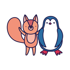 cute penguin and squirrel cartoon on white background