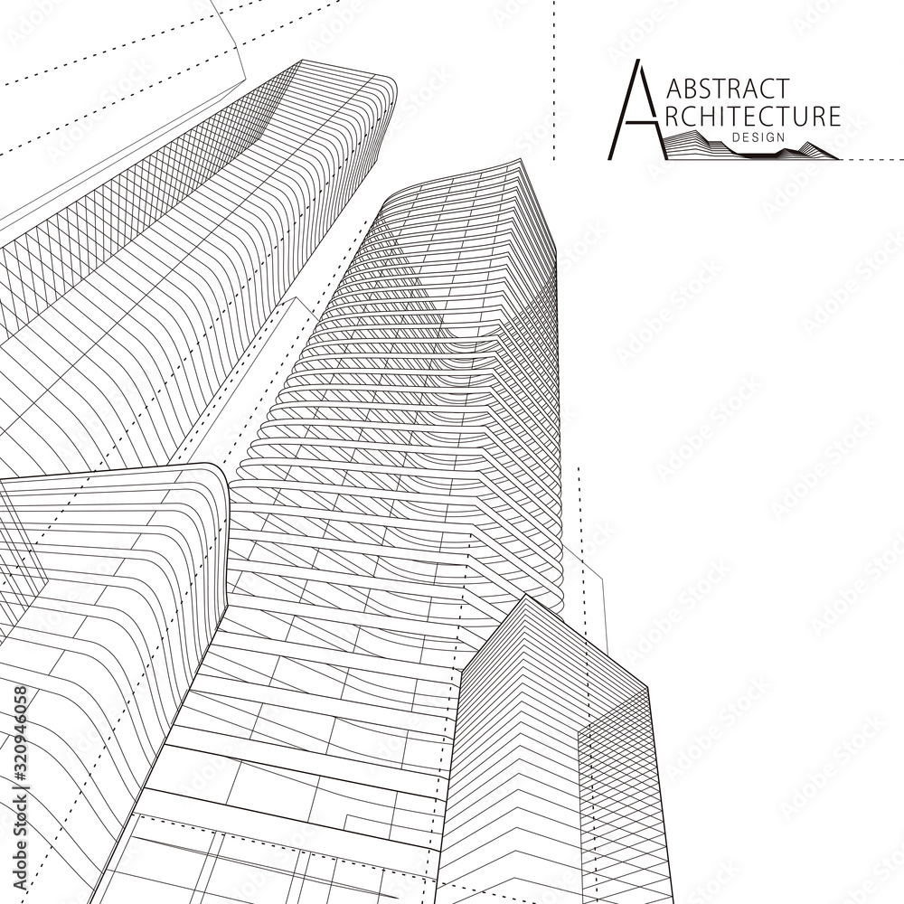 Poster 3d illustration architecture building construction perspective design, abstract modern urban buildin