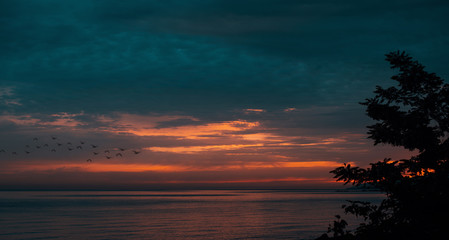 Obraz na płótnie Canvas Defocused view of sunset sea and clouds.
