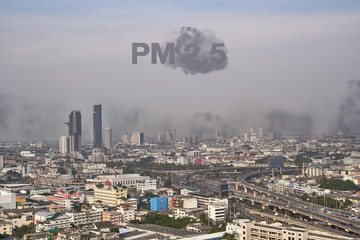 Bangkok Thailand- Jan 31, 2020: High angle view of the building in Bangkok a bad day, covered with dust pollution. They call it pm 2.5