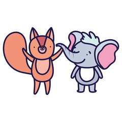 Naklejka premium little elephant and squirrel cartoon character on white background