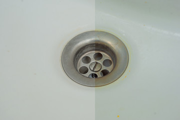 Different types of drain hole loading. A good example of the harm from hard water and water with iron. Scale, streaks and corrosion.