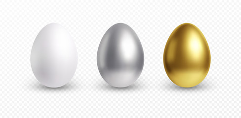 Set of different 3D realistic, shiny, golden, holographic Easter eggs isolated on white background. Vector illustration