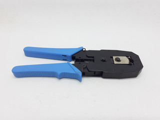 Modern Mechanical Computer Network LAN Cable Crimping Cutter and Installation Tools in White Isolated Background
