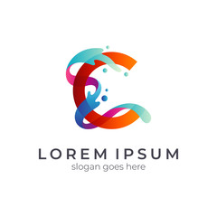 C logo with wave/water splash motion shape, transparent gradient color style, creative letter c logo design