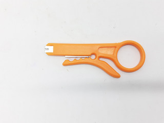 Modern Mechanical Computer Network LAN Cable Crimping Cutter and Installation Tools in White Isolated Background